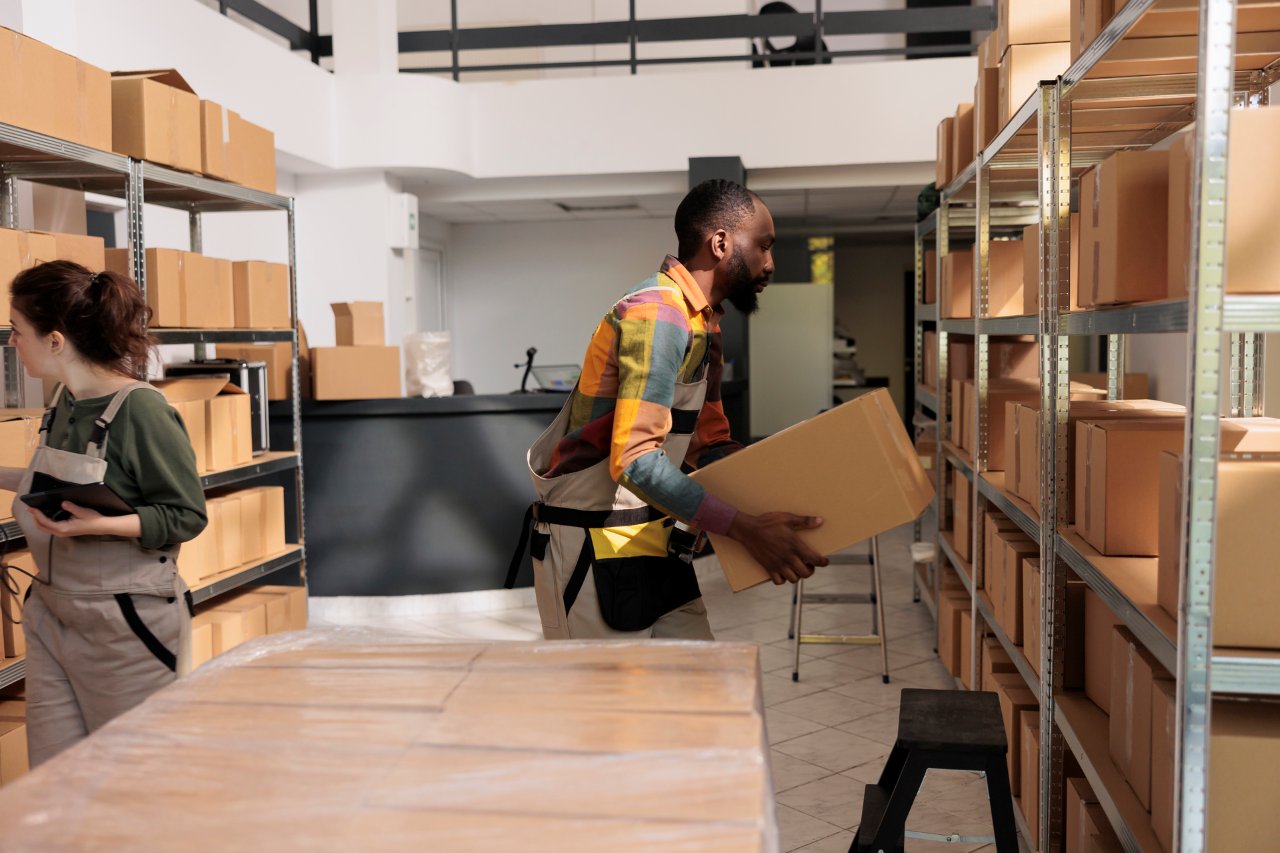 workers preparing orders and checking parcels in storage